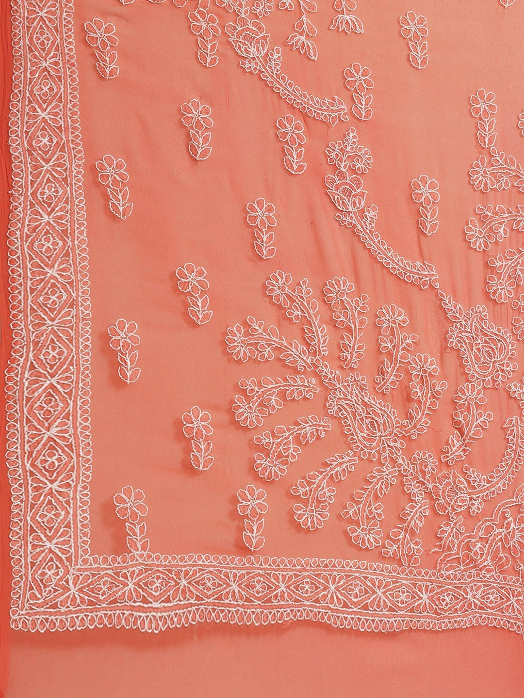 Ada Hand Embroidered Carrot Pink Georgette Lucknowi Chikan Saree With Blouse- A191620