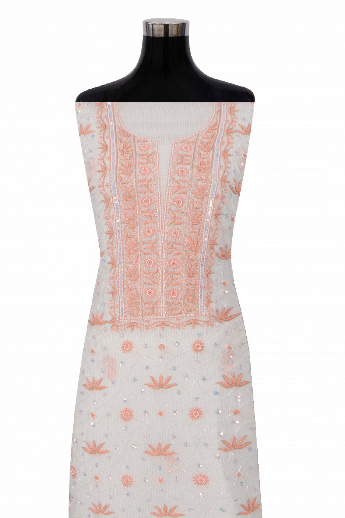 Ada Hand Embroidered Off White Chanderi Lucknowi Chikankari Unstitched Kurta Dupatta Set With Pearl Work 01A265086