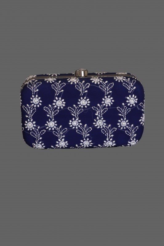 Ada Hand Embroidered Royal Blue Pure Georgette Lucknow Chikankari Clutch-A477968