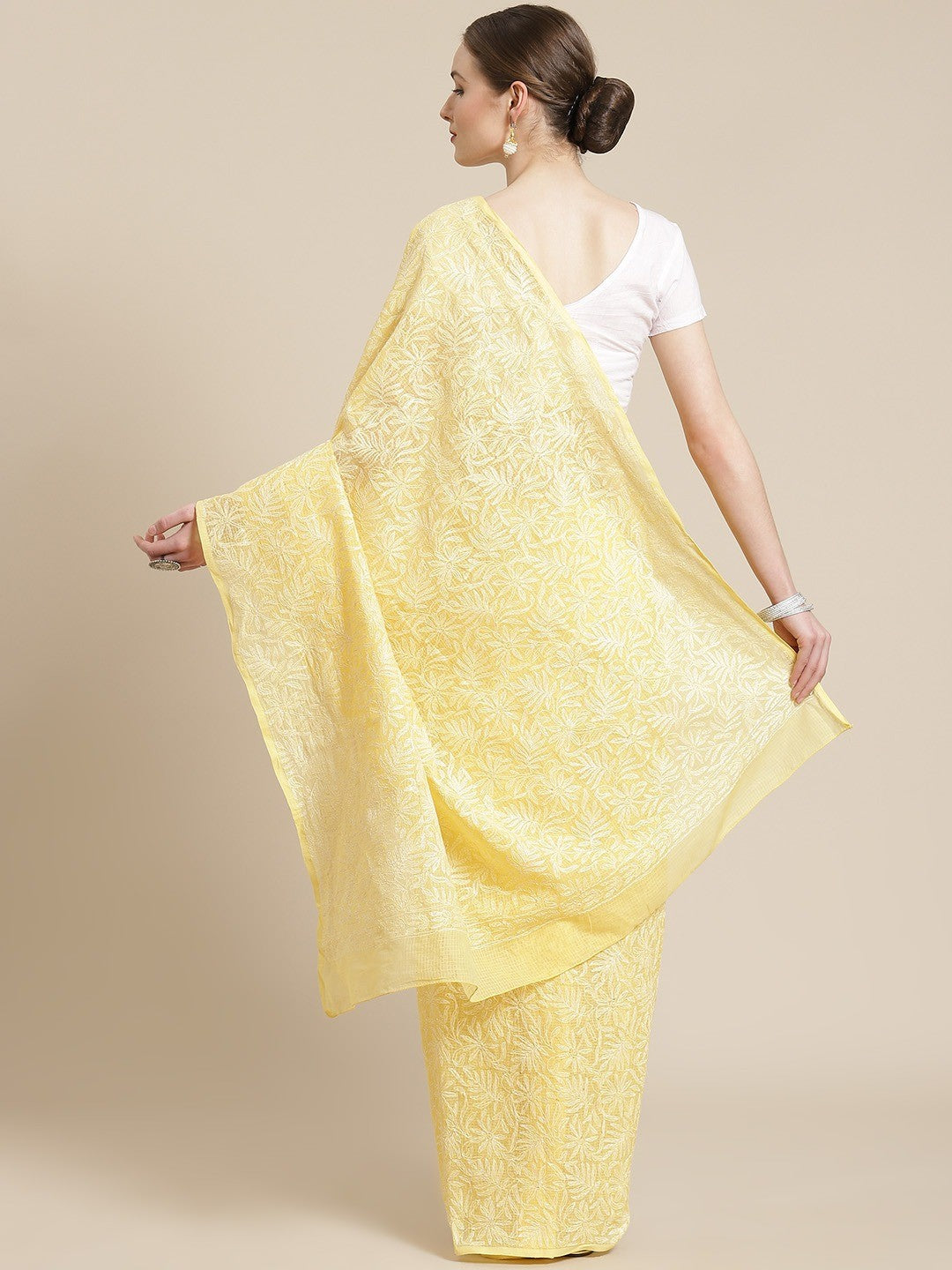 Ada Hand Embroidered Yellow Kota Lucknow Chikan Saree With Blouse- A311228