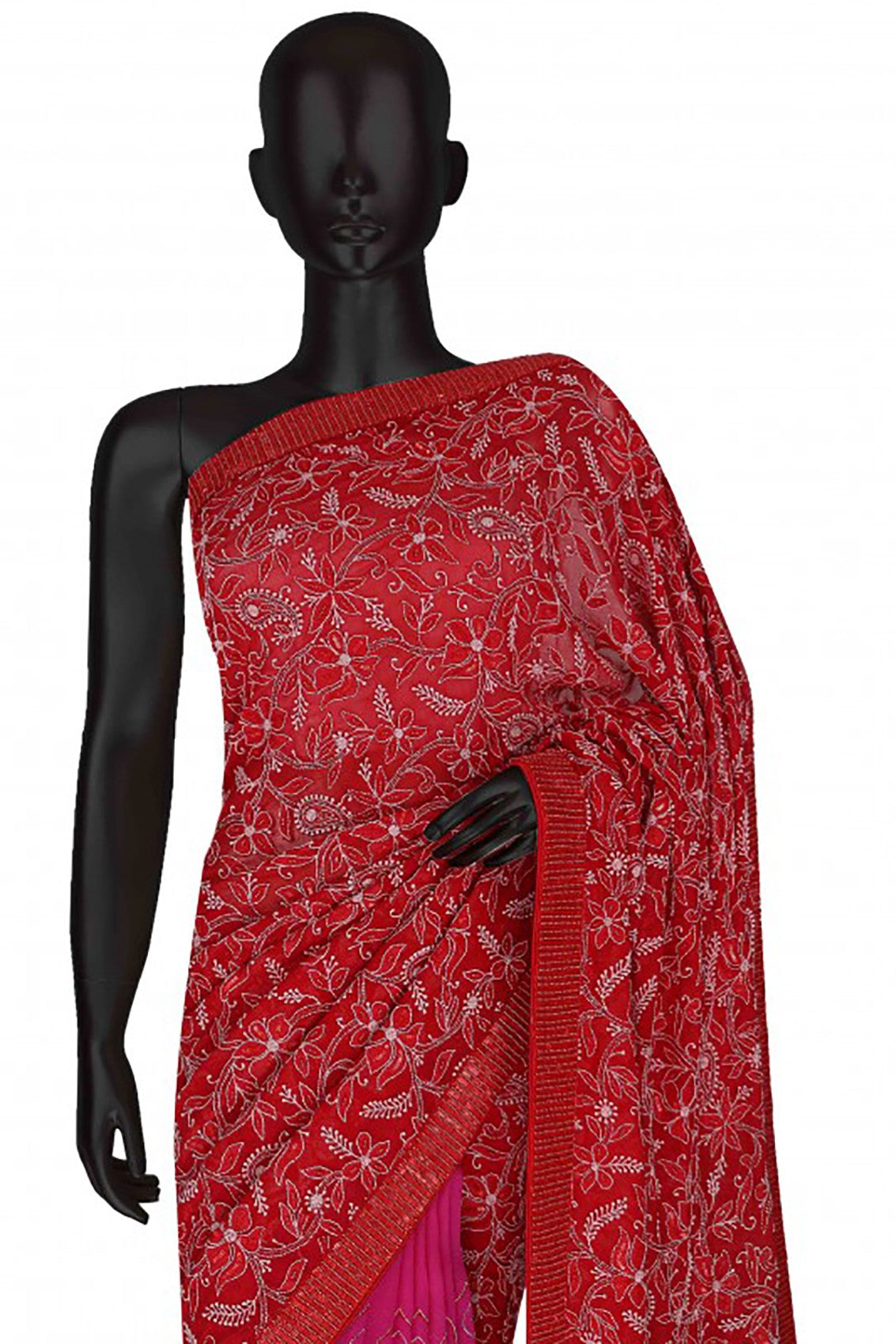 Ada Hand Embroidered Magenta/Red Pure Georgette Lucknowi Chikankari Saree/Blouse  With Pearl Work A4526