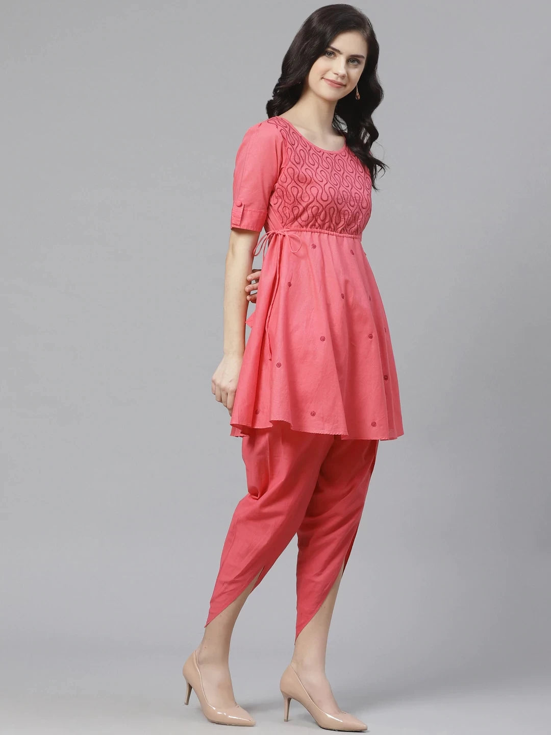 Ada Hand Embroidered Pink Cotton Lucknowi Chikankari Kurta with Dhoti Set A100323