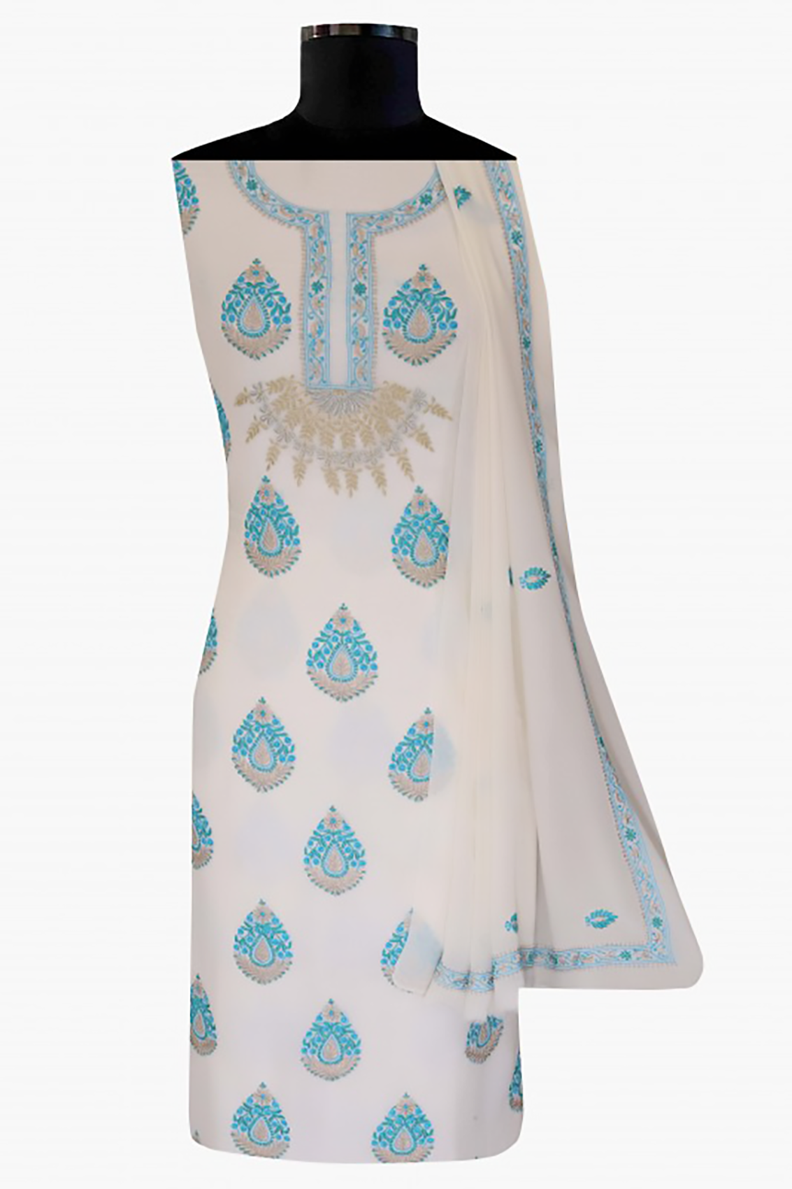 Ada Hand Embroidered White Pure Georgette Lucknowi Chikankari Unstitched Kurta Dupatta Set A56482