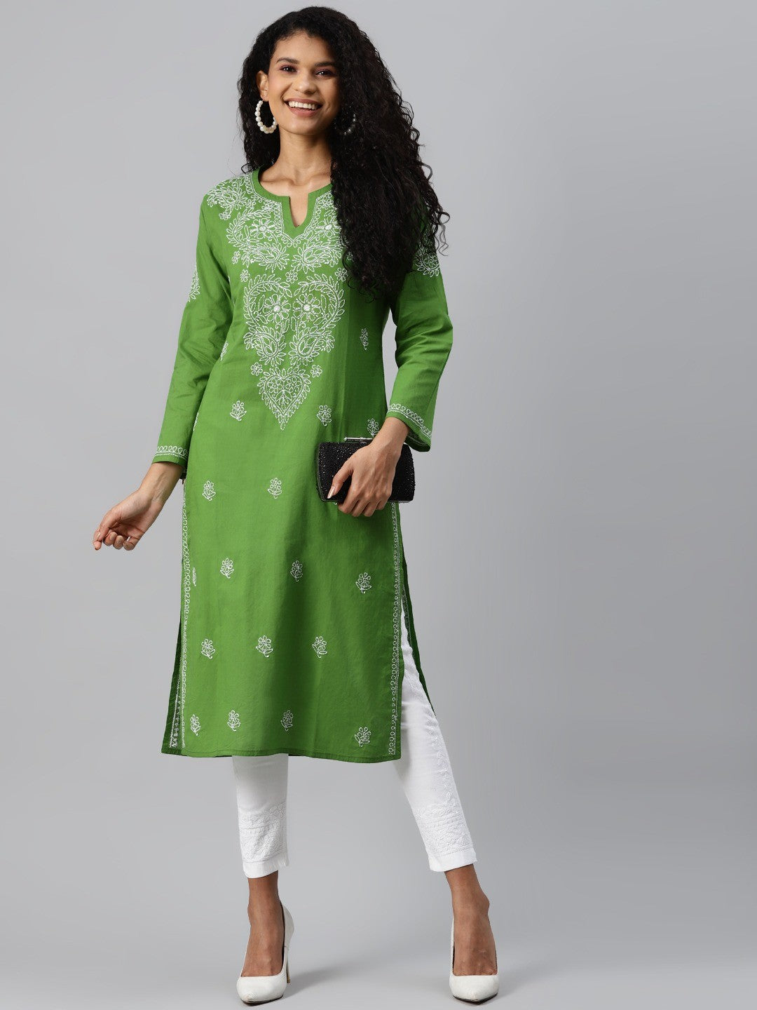 Ada Hand Embroidered Green/White Cotton Lucknowi Chikankari Kurta Set A811200