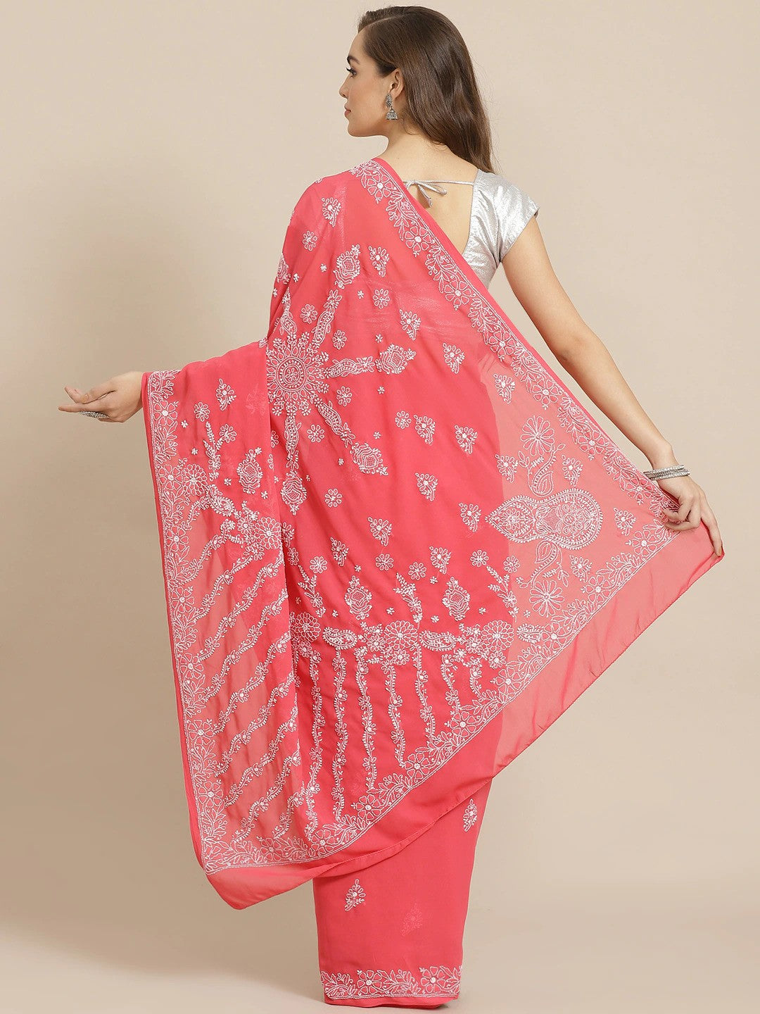 Ada Hand Embroidered Carrot Pink Georgette Lucknow Chikan Saree with Blouse A311303