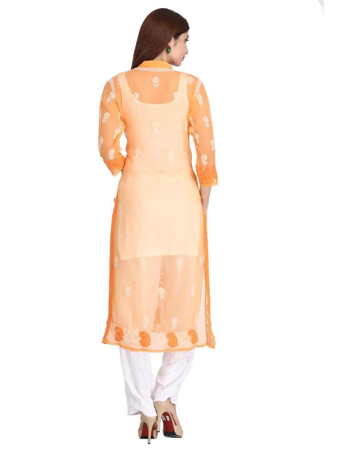 Ada Hand Embroidered Orange Georgette Lucknowi Chikankari Straight Kurta A272418