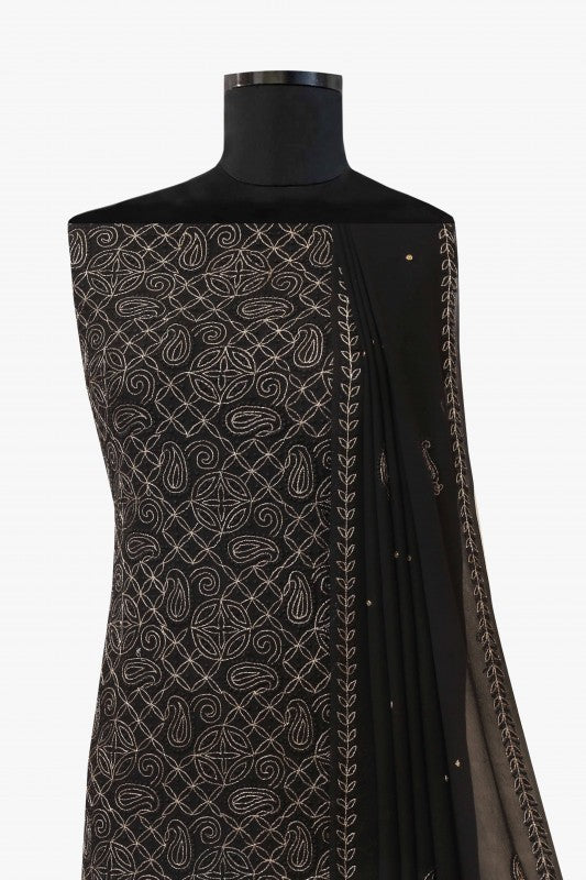 Ada Hand Embroidered Black Pure Georgette Lucknowi Chikan Unstitched Kurta Dupatta Set - A199026