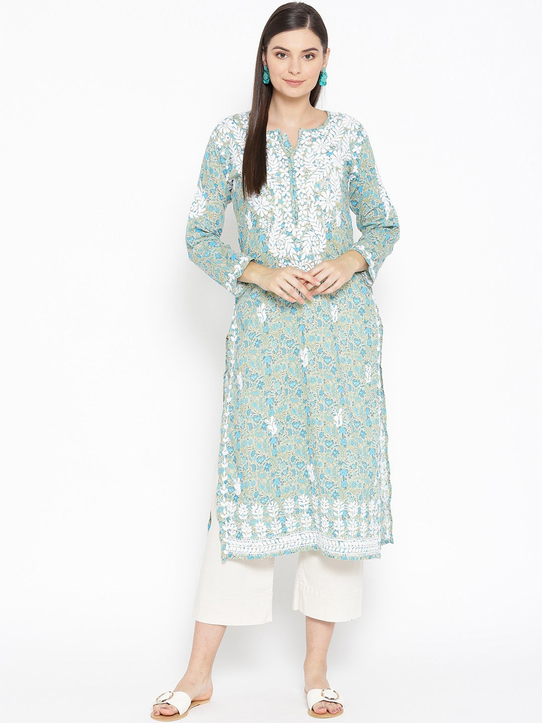 Ada Hand Embroidered Fawn Blue Cotton Lucknow Chikankari Straight Kurta- A100038