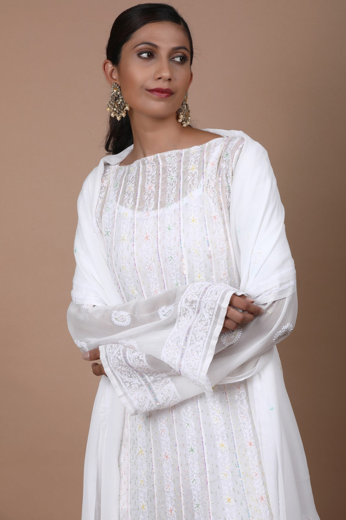 Ada Hand Embroidered White Georgette Lucknowi Chikankari Semi-Stitched Anarkali Kurta Dupatta Set With Sequinned Work 01A260997