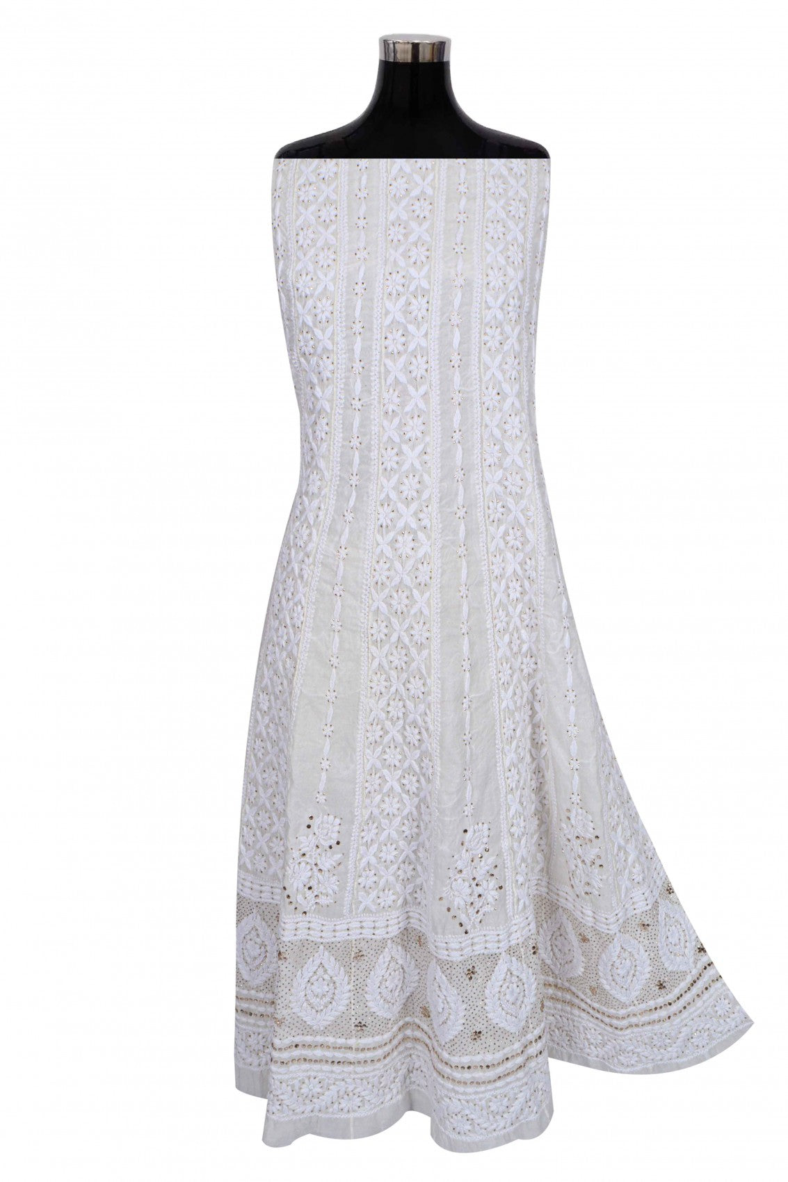 Ada Hand Embroidered Off White Chanderi Lucknowi Chikankari Semi-Stitched Anarkali Kurta Piece With Muqaish Work 01A223577