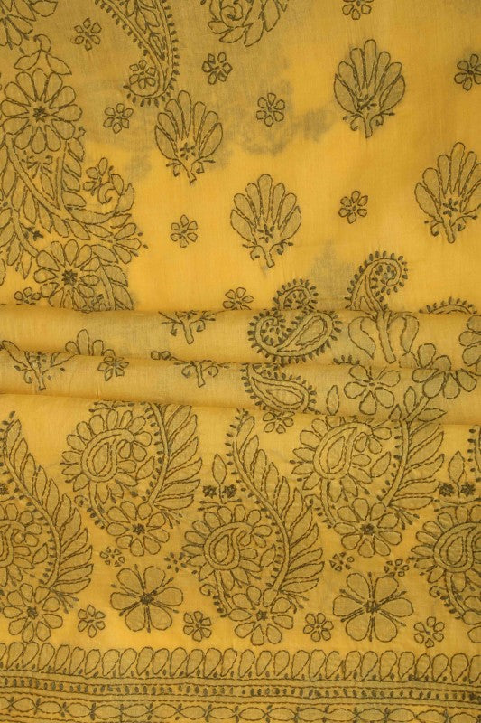 Ada Hand Embroidered Yellow Cotton Lucknowi Chikan Unstitched Suit Piece-A211122
