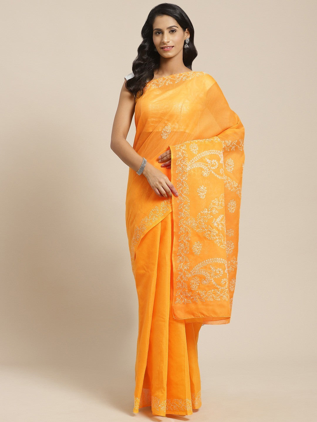Ada Hand Embroidered Mustard Cotton Lucknow Chikan Saree With Blouse A311132