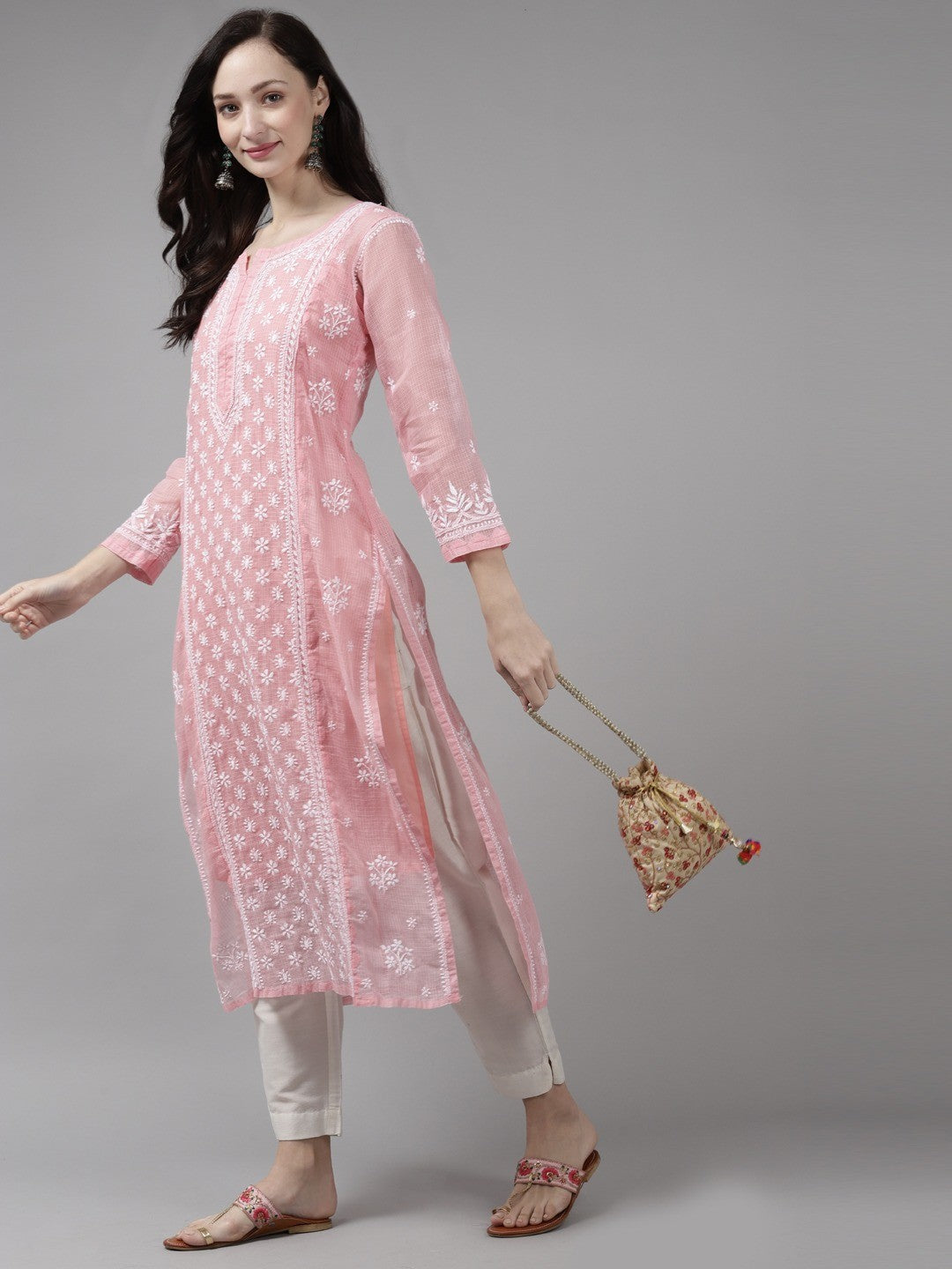 Ada Hand Embroidered Peach  Kota Lucknow Chikankari Kurta With Slip-A411308