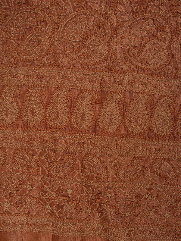 Ada Hand Embroidered Bronze Rust Silk Lucknowi Chikankari Unstitched Kurta Piece A612137