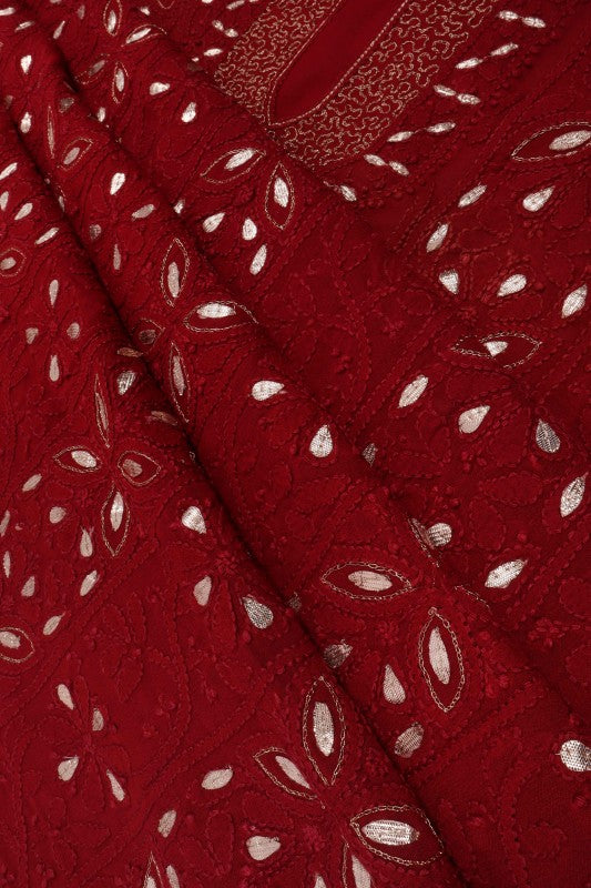 Ada Hand Embroidered Maroon Georgette Lucknowi Chikan Unstitched Kurta Piece With Gota Patti Work A330482