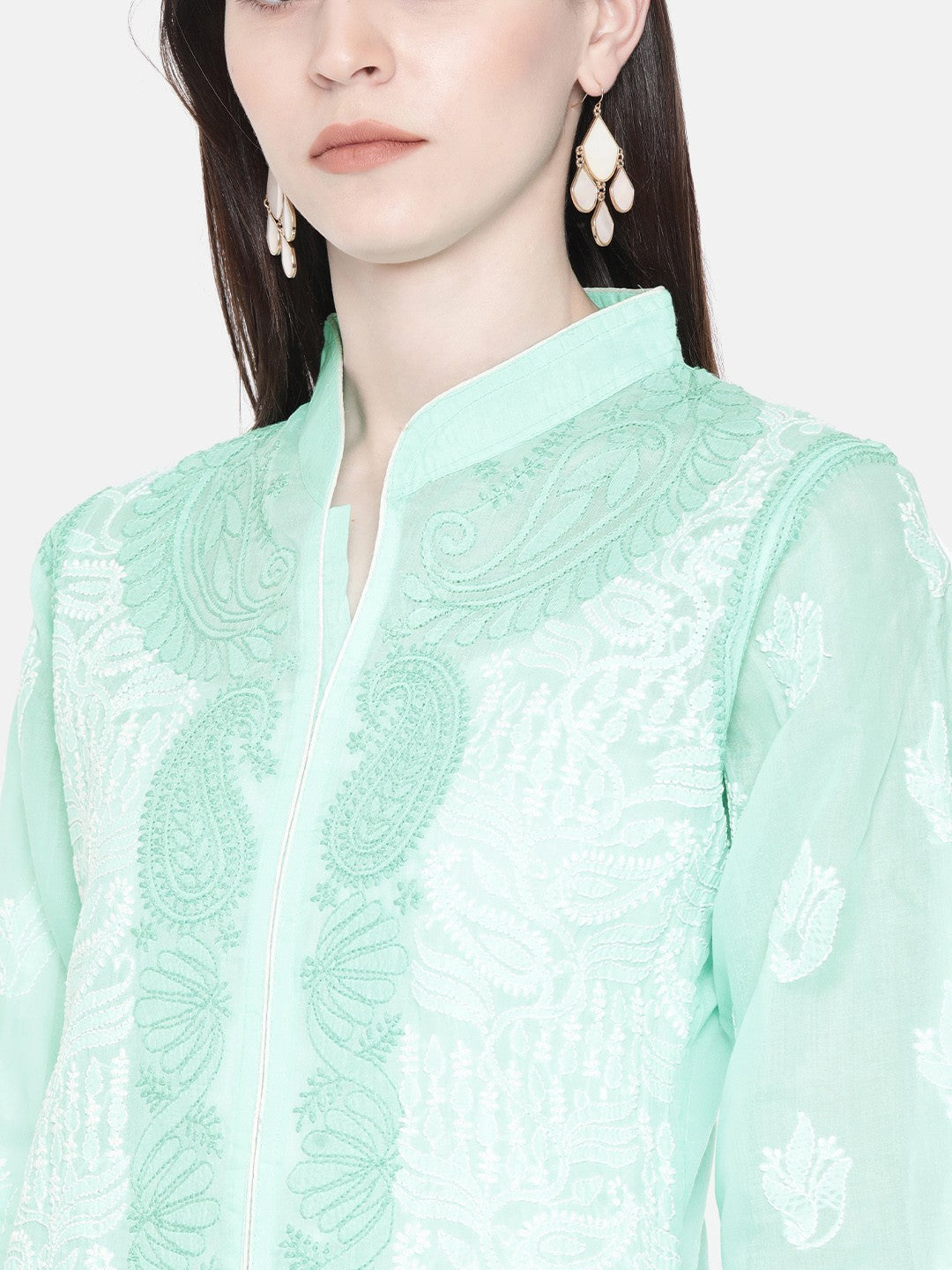Ada Hand Embroidered Sea Green Cotton Lucknow Chikan Straight Kurta A230229