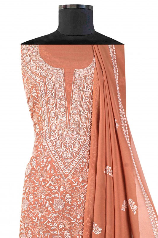 Ada Hand Embroidered Dusty Pink Pure Georgette Lucknowi Chikan Unstitched Kurta Dupatta Set A453588