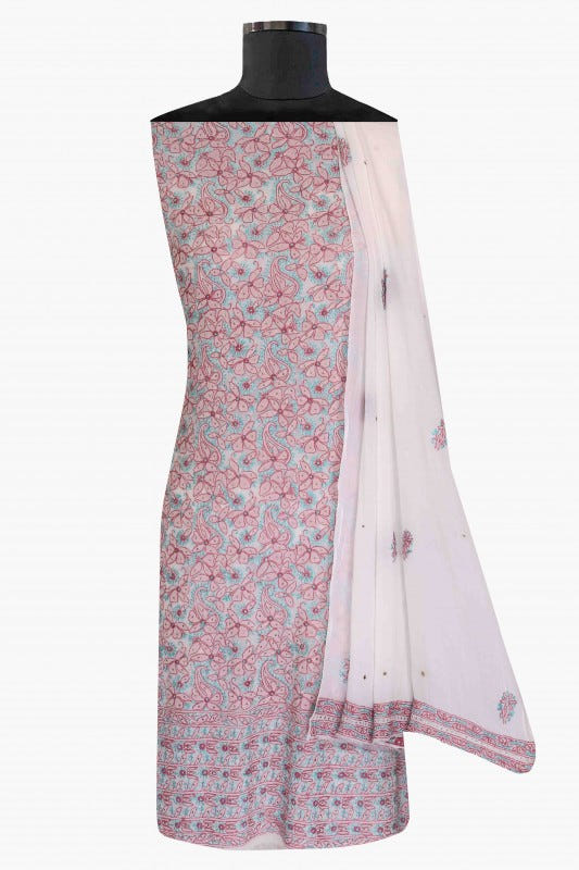 Ada Hand Embroidered White Georgette Lucknowi Chikan Unstitched Kurta Dupatta Set with Muqaish Work A157225