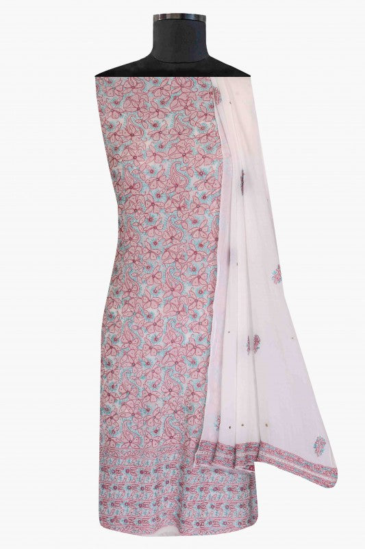 Ada Hand Embroidered White Georgette Lucknowi Chikan Unstitched Kurta Dupatta Set with Muqaish Work A157225