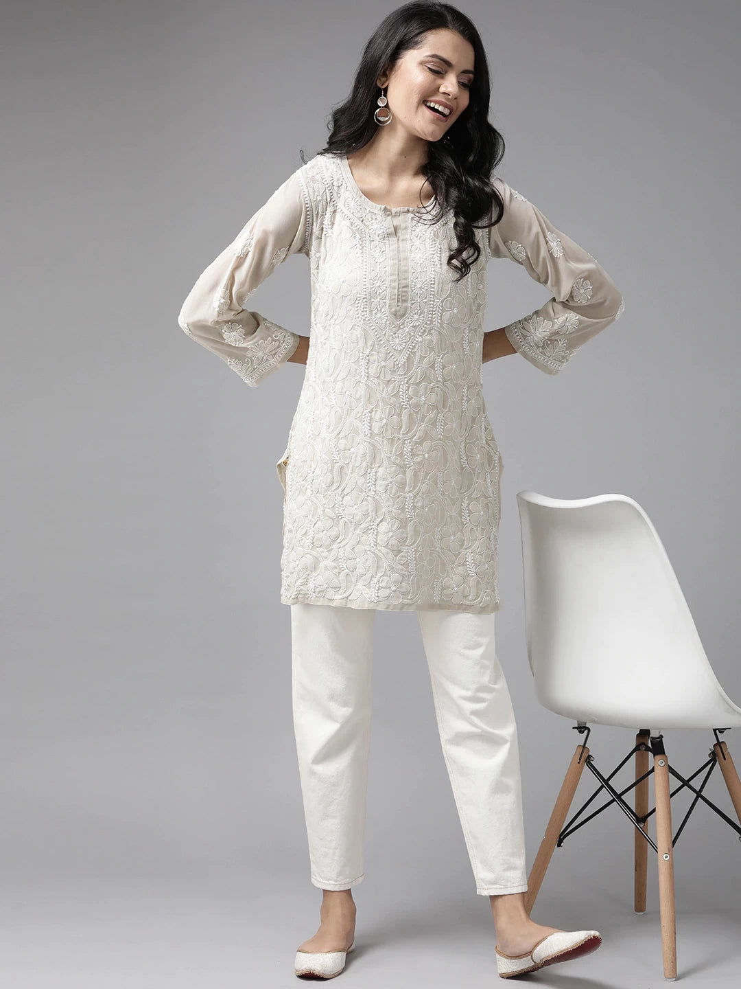 Ada Hand Embroidered Grey Georgette Lucknowi Chikankari Straight Kurti A911124