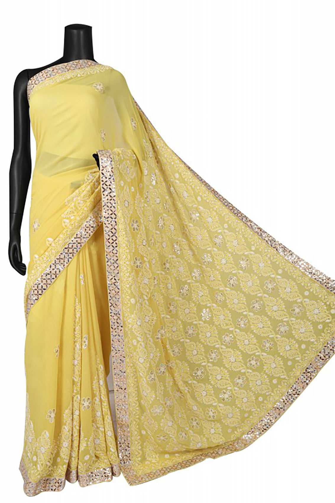 Ada Hand Embroidered Yellow Pure Georgette Lucknowi Chikankari Saree/Blouse With Muqaish Work 01A112478