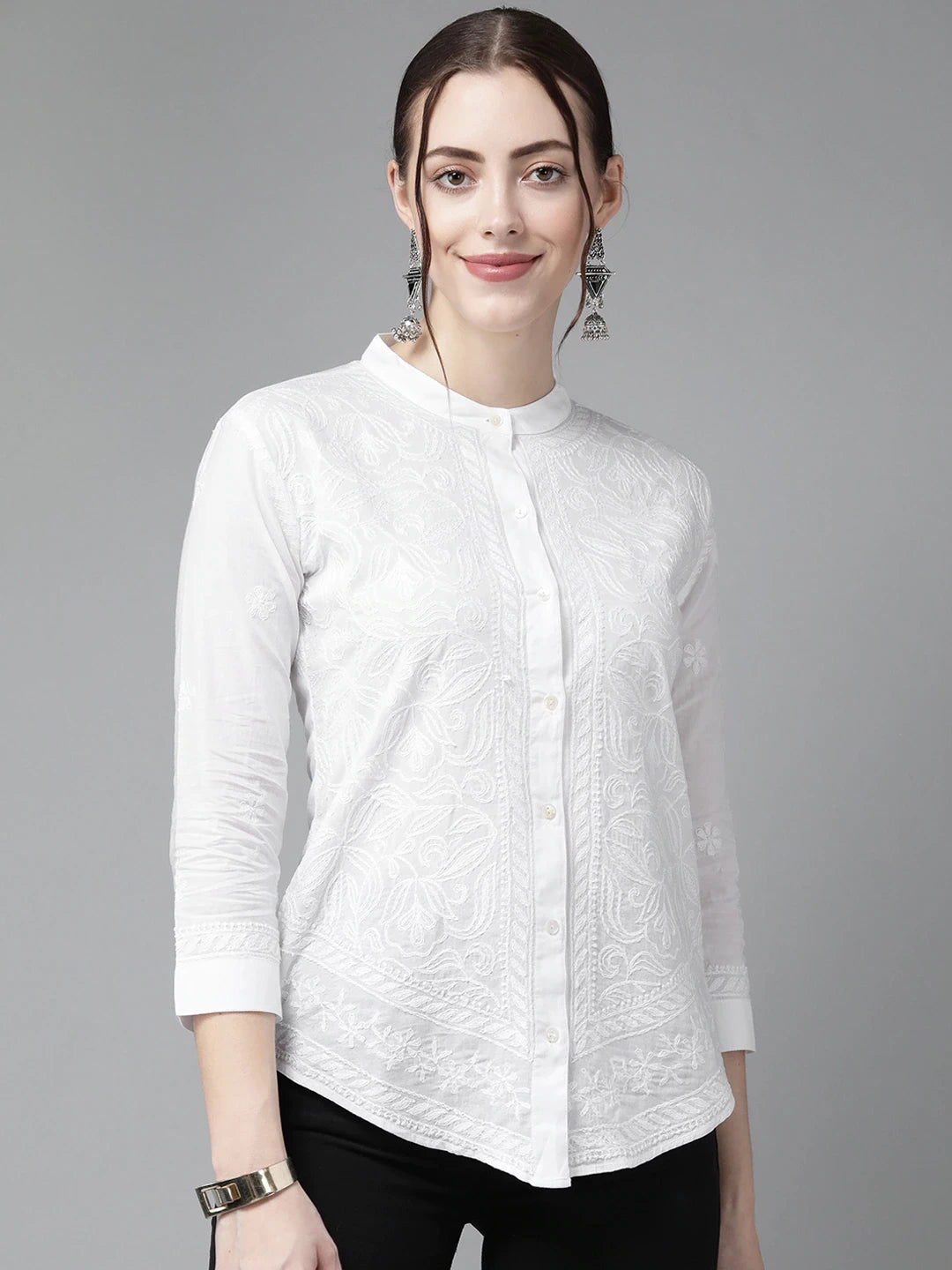 Ada Hand Embroidered White Cotton Lucknowi Chikankari Shirt A911221