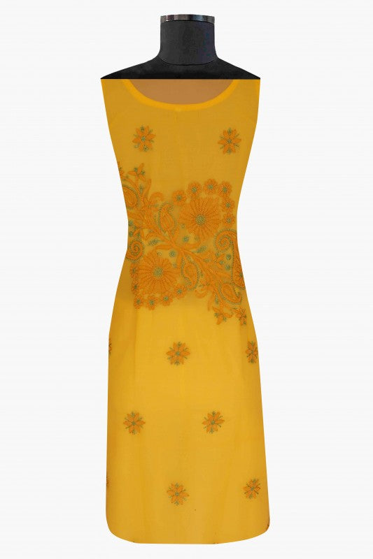 Ada Hand Embroidered Mustard Georgette Lucknowi Chikan Unstitched Suit Piece-A211181