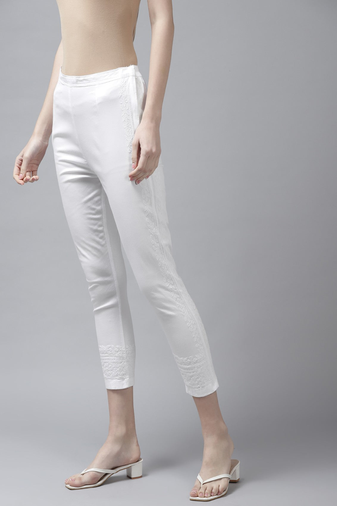 Ada Hand Embroidered White Cotton Lucknowi Chikankari Pant A711158