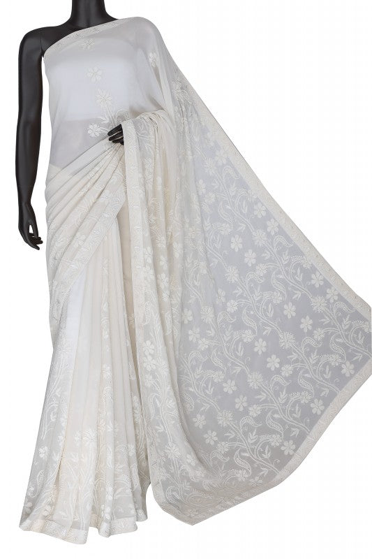 Ada Hand Embroidered White Pure Georgette Lucknowi Chikankari Saree With Blouse A393535