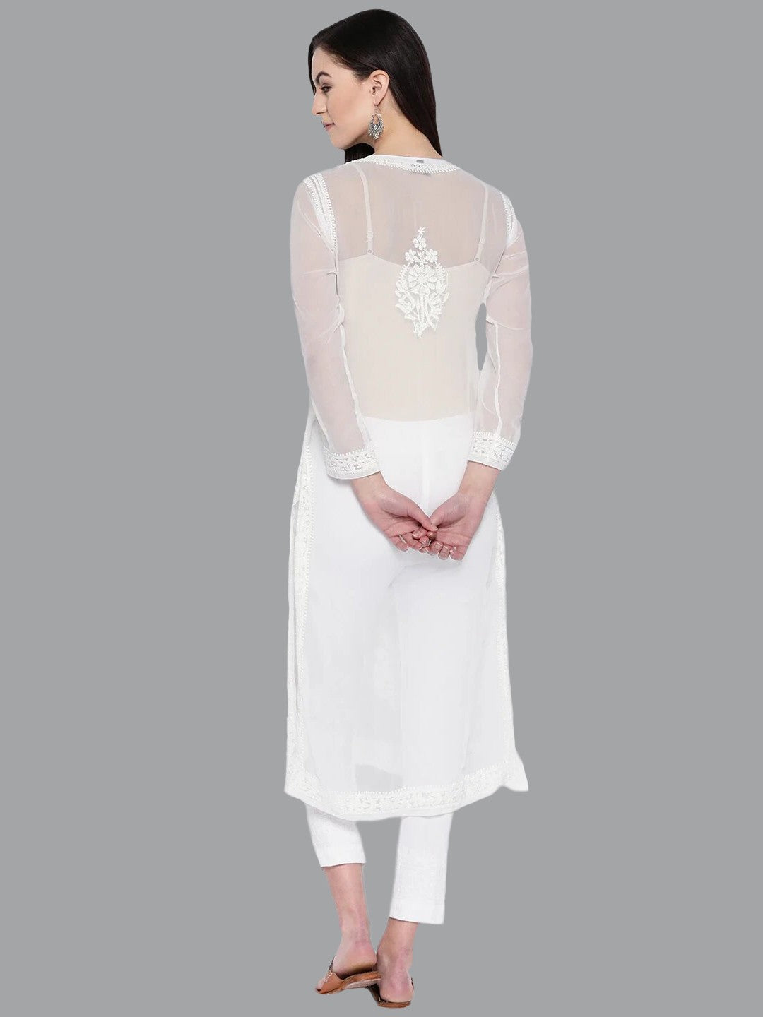 Ada Hand Embroidered White Georgette Lucknowi Chikankari Kurta Set With Slip A100218