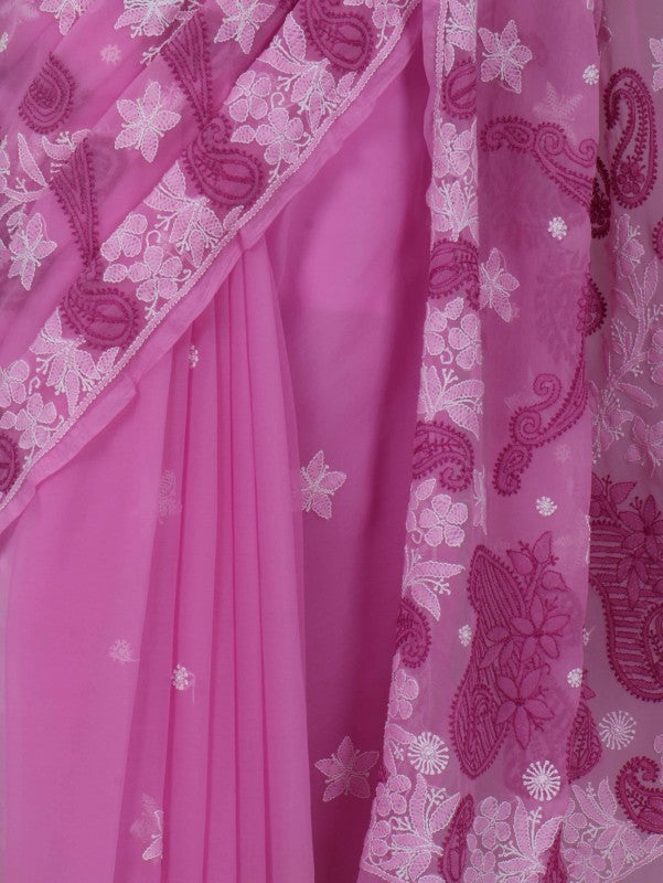 Ada Hand Embroidered Orchid Purple Georgette Lucknowi Chikankari Saree With Blouse A406466