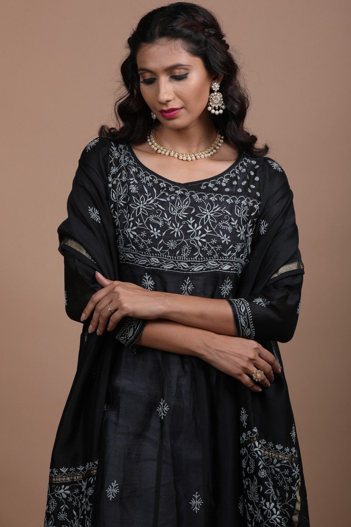 Ada Hand Embroidered Black Chanderi Lucknowi Chikankari Semi-Stitched Anarkali Kurta Dupatta Set 01A213946