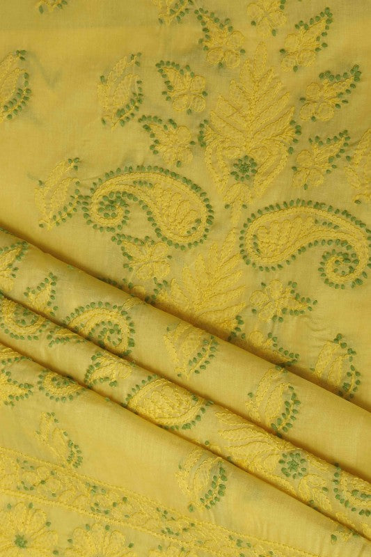 Ada Hand Embroidered Yellow Cotton Lucknowi Chikan Unstitched Suit Piece–A100156