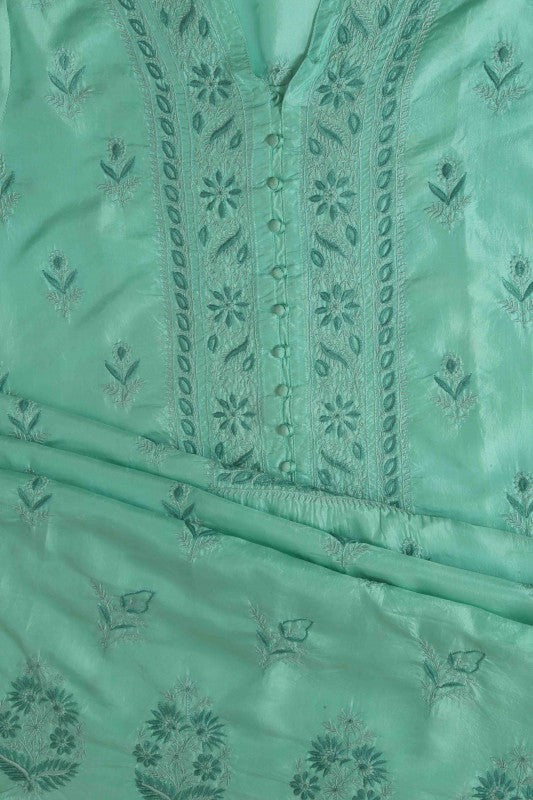 Ada Hand Embroidered Sea Green Silk Lucknowi Chikan Semi-Stitched Kurta Piece A608627