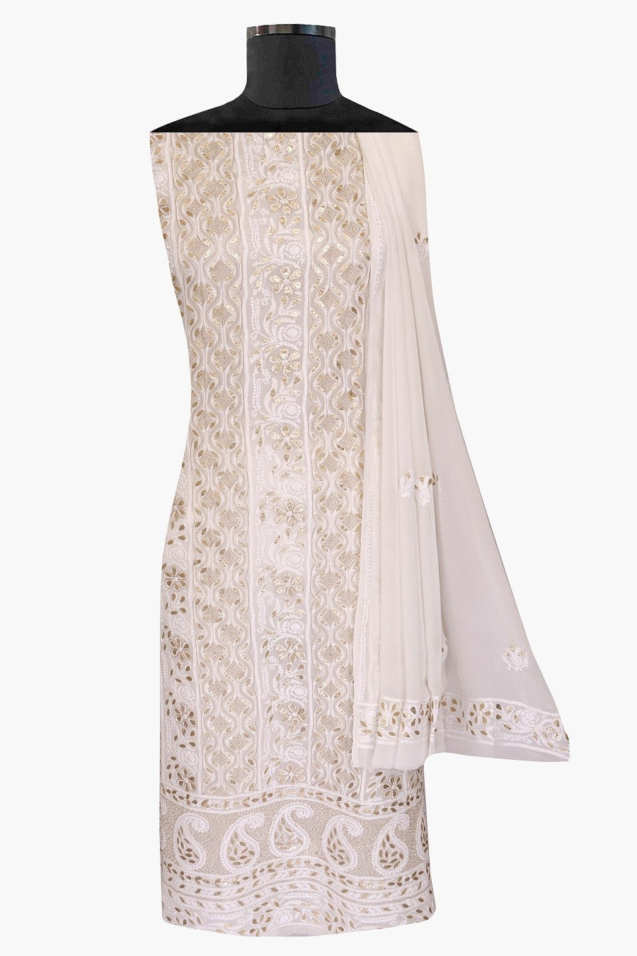 Ada Hand Embroidered White Georgette Lucknowi Chikan Unstitched Kurta Dupatta Set with Gota Patti Work A480887