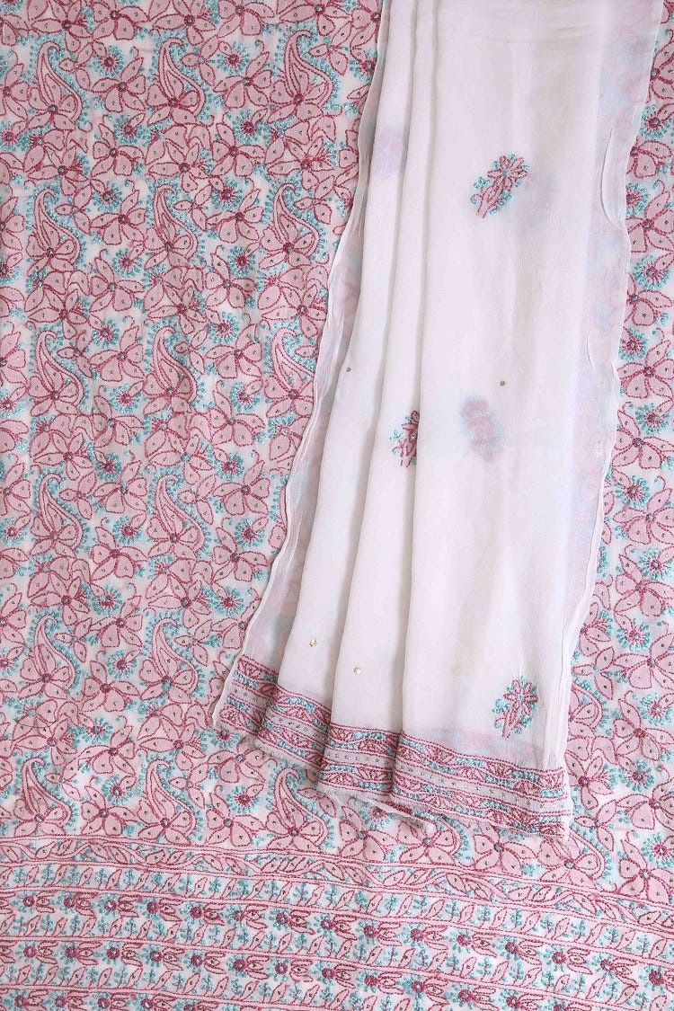 Ada Hand Embroidered White Georgette Lucknowi Chikan Unstitched Kurta Dupatta Set with Muqaish Work A157225