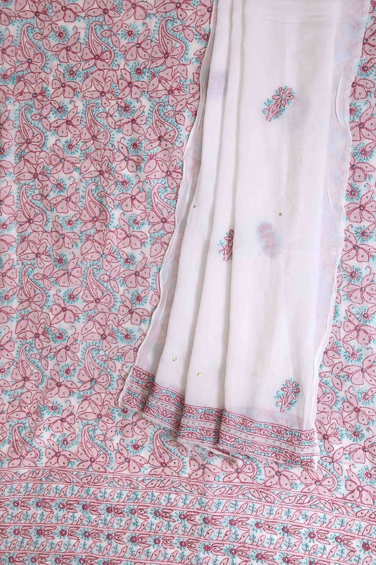 Ada Hand Embroidered White Georgette Lucknowi Chikan Unstitched Kurta Dupatta Set with Muqaish Work A157225