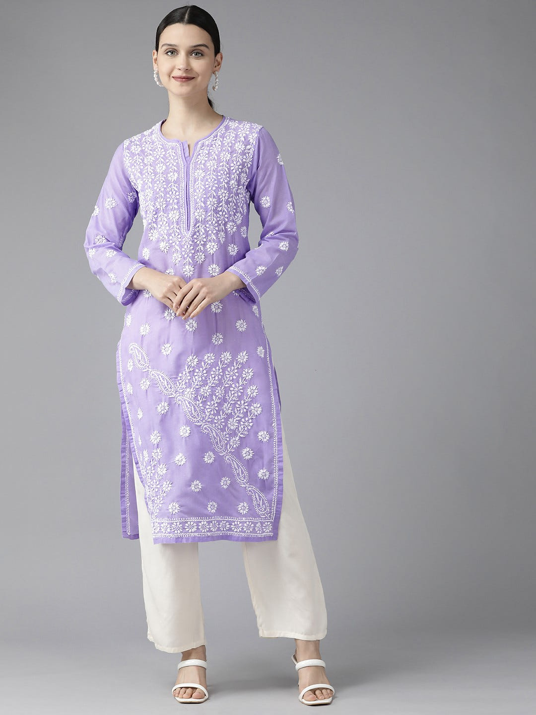 Ada Hand Embroidered Mauve Cotton Lucknowi Chikankari Straight Kurta A411402