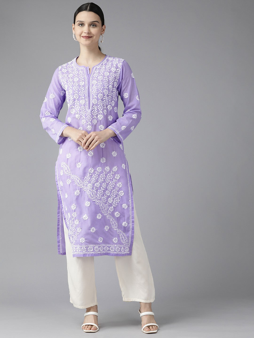 Ada Hand Embroidered Mauve Cotton Lucknowi Chikankari Straight Kurta A411402