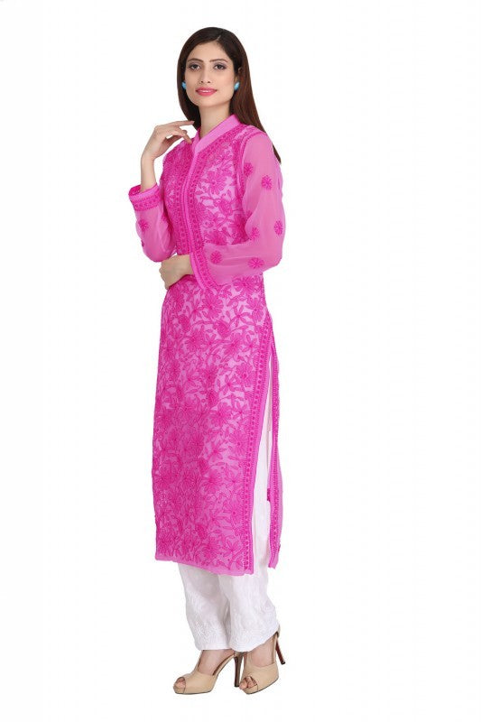 Ada Hand Embroidered Magenta Georgette Lucknowi Chikankari Straight  Kurta with Slip A227664