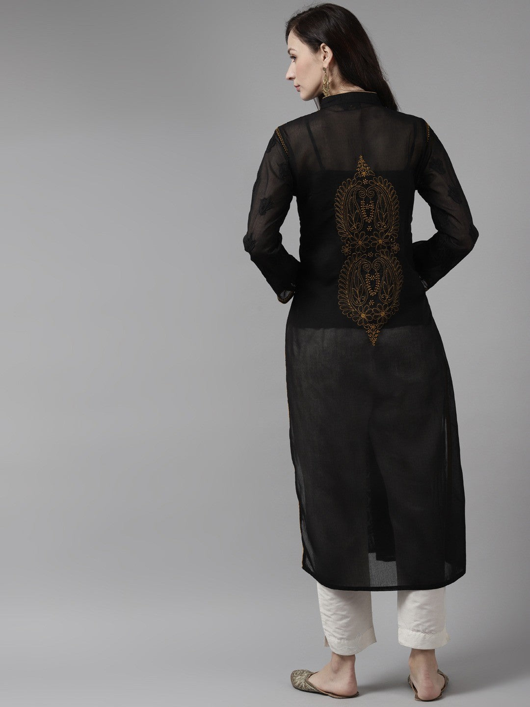 Ada Hand Embroidered Black Cotton Lucknow Chikan Kurta A230739