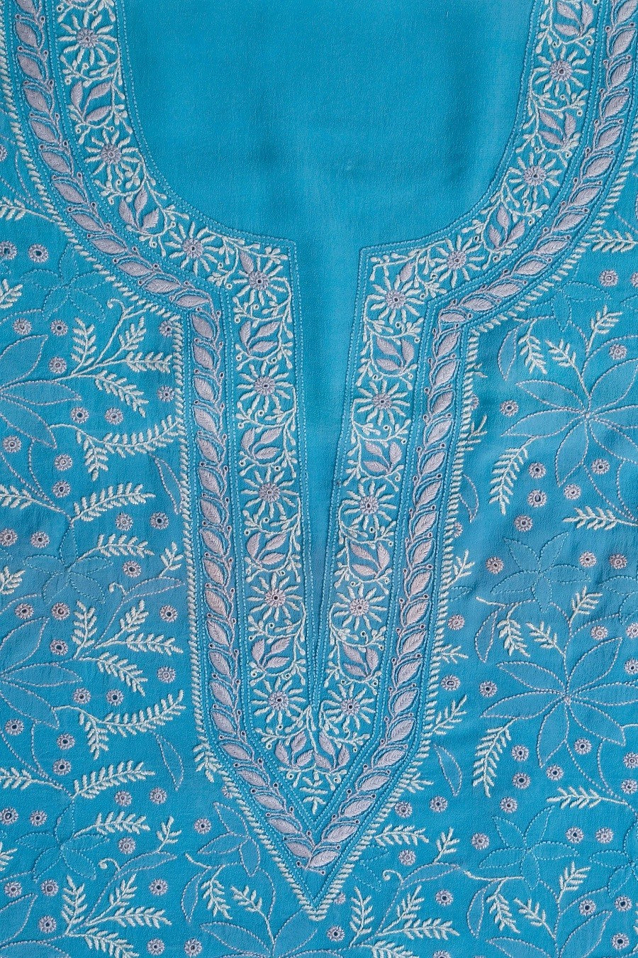 Ada Hand Embroidered Cyan Blue Pure Georgette Lucknowi Chikan Unstitched Kurta Dupatta Set A197413