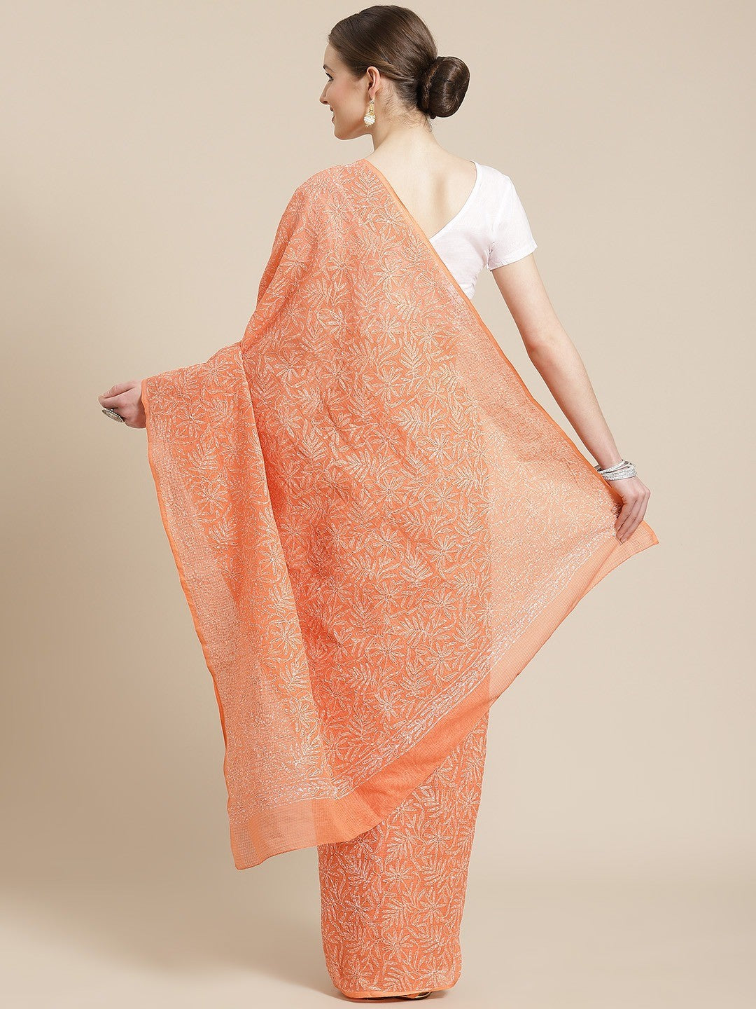 Ada Hand Embroidered Orange Kota Lucknow Chikan Saree With Blouse- A311229  4890.00