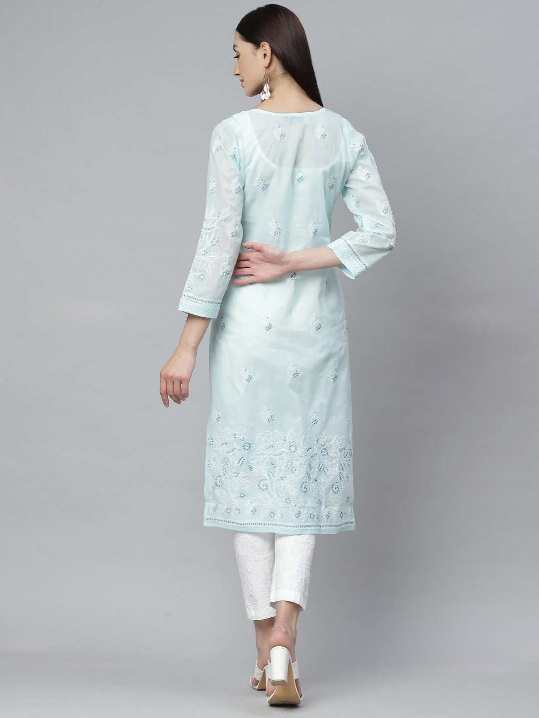 Ada Hand Embroidered Blue Cotton Lucknowi Chikankari Straight Kurta With Trouser Set A811140