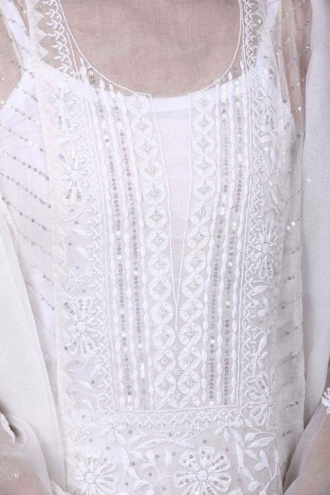Ada Hand Embroidered White Organza Lucknowi Chikankari Semi-stitched Kurta Dupatta Set With Pearl Work 01A124720