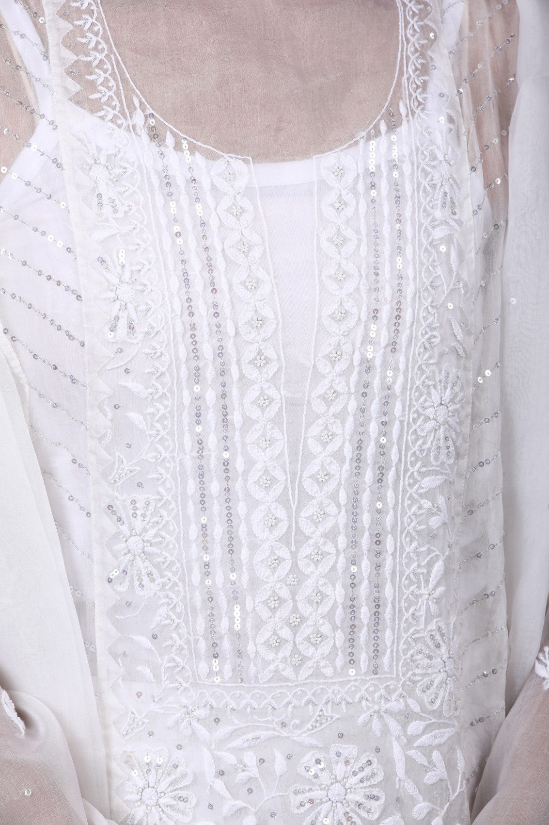 Ada Hand Embroidered White Organza Lucknowi Chikankari Semi-stitched Kurta Dupatta Set With Pearl Work 01A124720