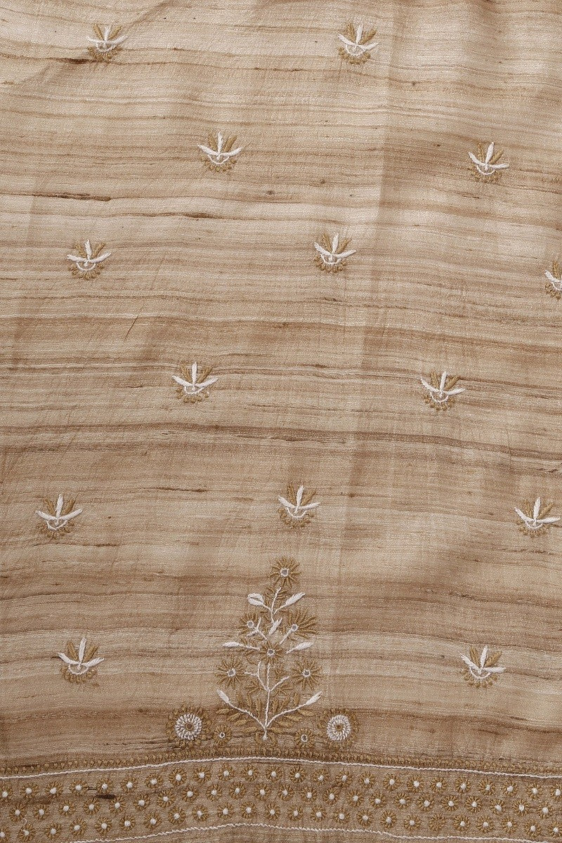 Ada Hand Embroidered Sand Fawn Ghicha Silk Lucknowi Chikan Unstitched Kurta Piece–A601199