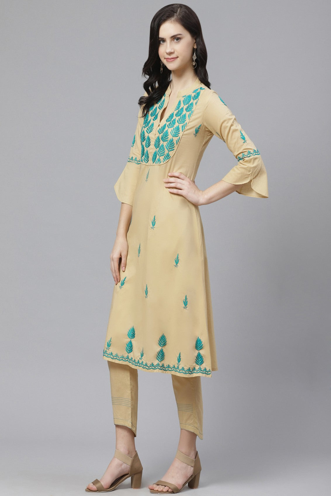 Ada Hand Embroidered Beige Cotton Lucknowi Chikankari Kurta with Trouser Set A100319