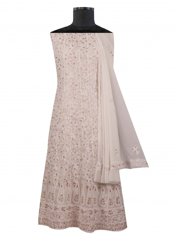 Ada Hand Embroidered White Georgette Lucknowi Chikan Unstitched Anarkali Set with Gota Patti Work A376108