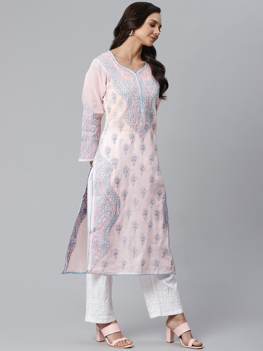 Ada Hand Embroidered Pink Cotton Lucknowi Chikankari Kurta with Palazzo Set A100393